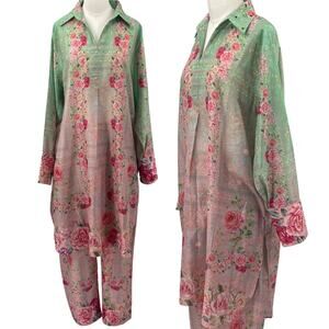 Ayesha Somaya Kurta Top & Matching Pants Floral Rose Print Pastel Green Pink XL